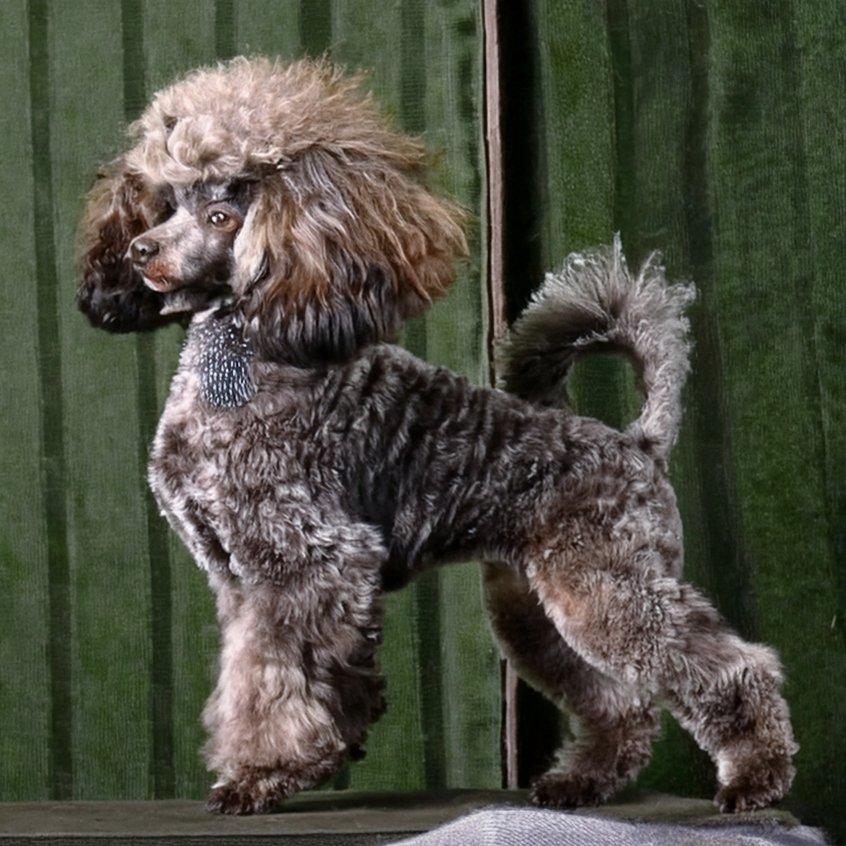caniche atigrado o brindle sobre fondo verde